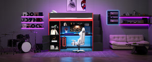 English Elm Gaming Twin Loft Bed with Led Desk Storage Locker and Bold Black Red Finish N709P004102J