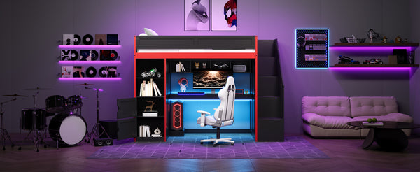 English Elm Gaming Twin Loft Bed with Led Desk Storage Locker and Bold Black Red Finish N709P004102J