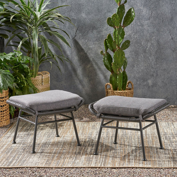 English Elm Christopher Knight Home® - Montana Faux Rattan Outdoor Ottoman Set of 2 with Water-Resistant Gray Cushions, Steel Frame Durable 65045.00GRY