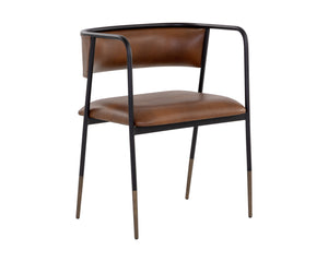 Sunpan Brenan Dining Armchair – Elegant Curved Backrest, Faux Leather Comfort, Black Metal Frame, Unique Craftsmanship Bravo Cognac