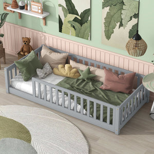English Elm Twin Solid Rubberwood Floor Bed with Full Perimeter Safety Rails for Toddler Rooms Grey W504P296793