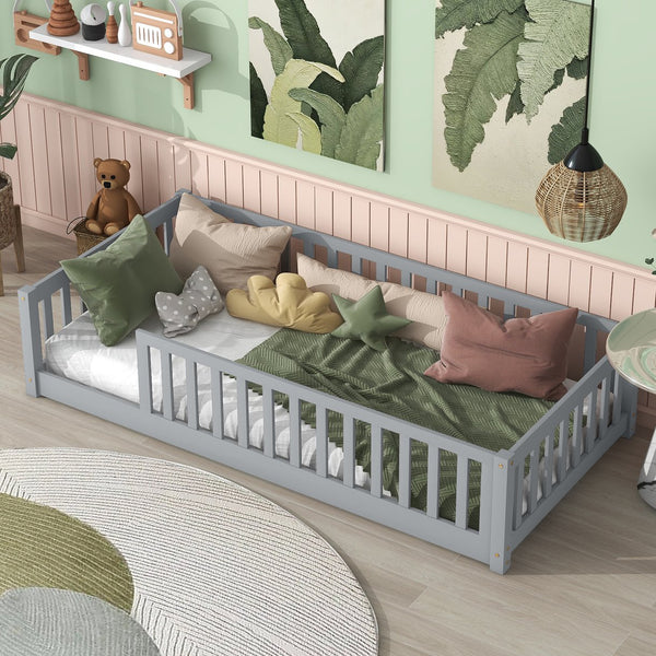 English Elm Twin Solid Rubberwood Floor Bed with Full Perimeter Safety Rails for Toddler Rooms Grey W504P296793