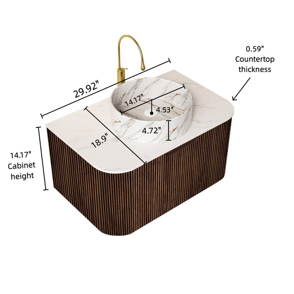 English Elm Dina 30" Wall-Mounted Bathroom Vanity With Curved Edges, Dark Walnut Storage & Luxurious Basin Design W2615S00495