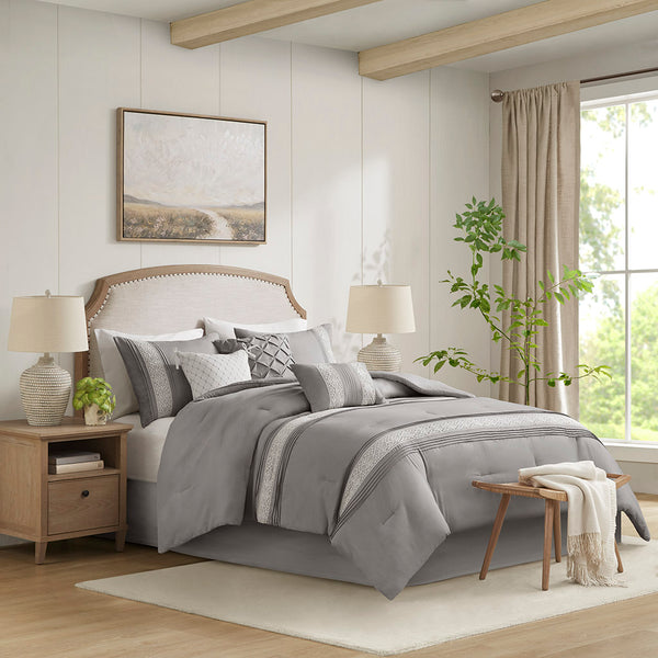 JLA Home Madison Park - 7 Vintage Lace Trim Comforter Set with Pillows — Farmhouse Pintuck Texture, Hypoallergenic, Machine Washable Grey MP10-8345