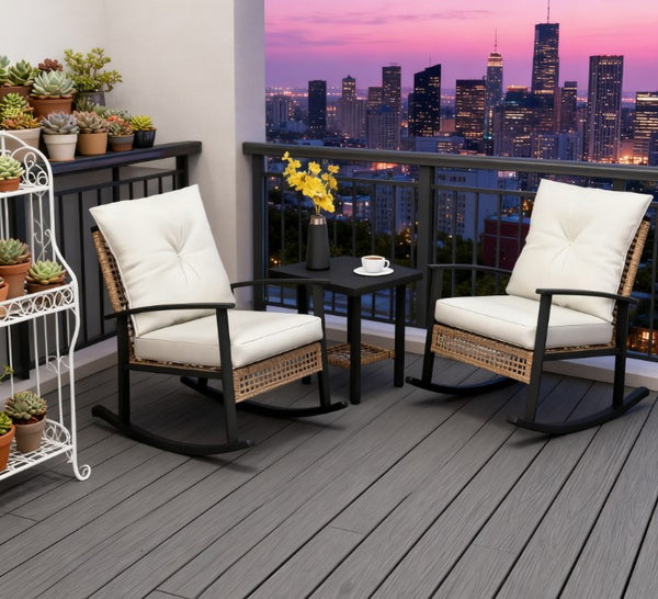 English Elm Patio Pe Rattan Rocking Chair Set with Tufted Cushions and Matching Coffee Table Beige+White,Natural T3971P419108