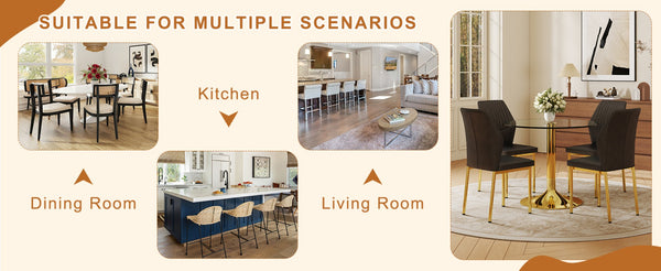 English Elm Table 35" Transparent Round Glass Dining Set With Gold Metal Base & 4 Black Pu High-Resilience Chairs W1151S03702-GIGA