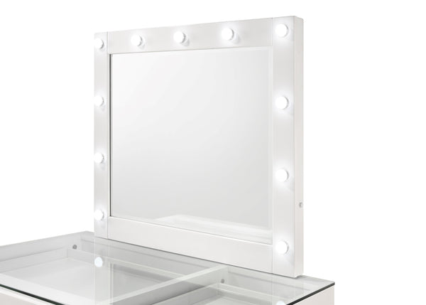 English Elm 3pc Sleek Makeup Vanity Set with Lighted Mirror, Glass Top, 5 Storage Drawers & Swivel Stool White 46.97 L x 25.87 W x 2 H B2741S00138