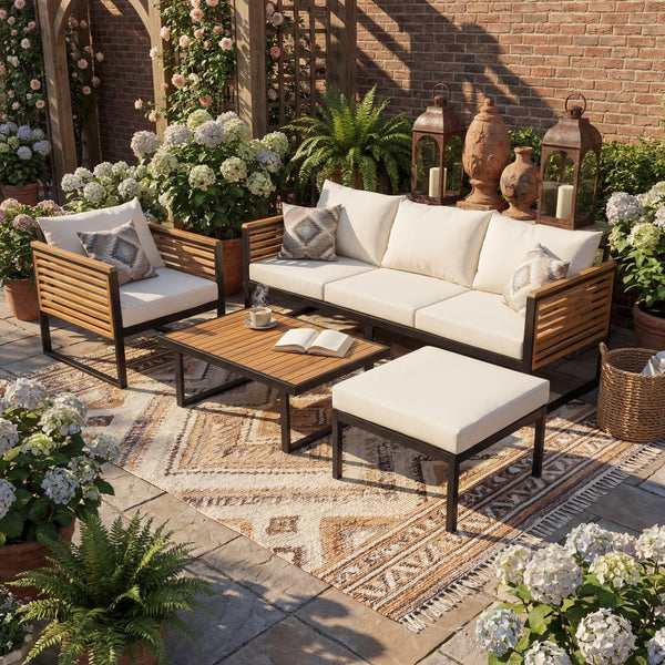 English Elm Outdoor Acacia Wood Iron Pipe Patio Set with Sofa Chair Ottoman and Table N757S454896B