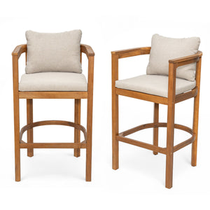 English Elm Christopher Knight Home® - Abaco Acacia Outdoor Barstool Set of 2 with Removable Gray Cushions, Rustic Curved Back Support Teak+ Beige N775P294071T
