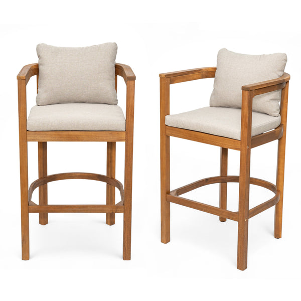 English Elm Christopher Knight Home® - Abaco Acacia Outdoor Barstool Set of 2 with Removable Gray Cushions, Rustic Curved Back Support Teak+ Beige N775P294071T