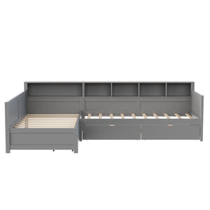 English Elm Twin Corner Daybed with Storage Drawers Bookshelf Wood L-shape Frame for Small Rooms Grey N733S369272E
