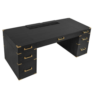 English Elm 70" Executive Writing Desk with Gold Metal Trim Seven Drawers and Built-in Power Outlets N751S376579B