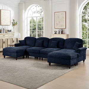 English Elm Classic U-Shape 4-Seater Modular Sectional Sofa In Soft Chenille With Ruffled Skirts & Spindle Legs W3041S00262