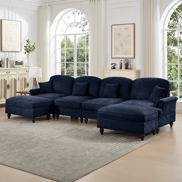English Elm Classic U-Shape 4-Seater Modular Sectional Sofa In Soft Chenille With Ruffled Skirts & Spindle Legs W3041S00262