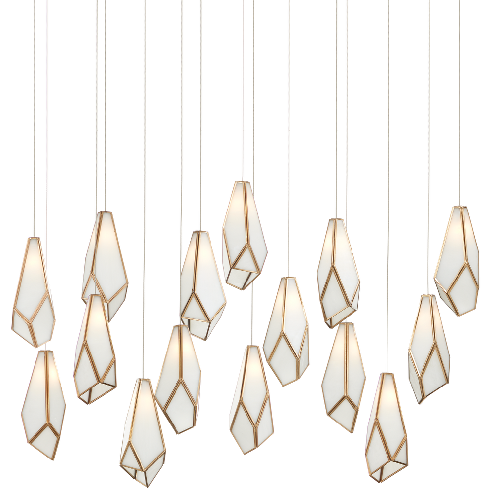 Glace White 15-Light Multi-Drop Pendant - Artisan Glass Design with Antique Brass Accents for Elegance