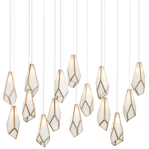 Glace White 15-Light Multi-Drop Pendant - Artisan Glass Design with Antique Brass Accents for Elegance