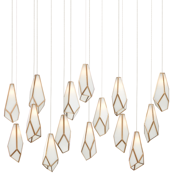 Glace White 15-Light Multi-Drop Pendant - Artisan Glass Design with Antique Brass Accents for Elegance