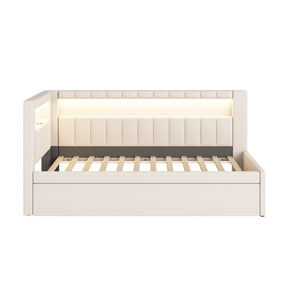 English Elm Upholstered Twin Platform Bed with Trundle, Linen Backrest, Built-In USB Ports & LED Accent Lighting White DL001919AAK