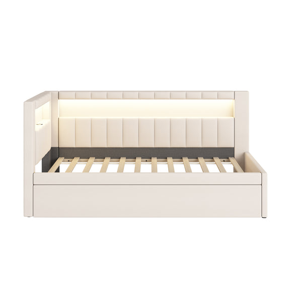 English Elm Upholstered Twin Platform Bed with Trundle, Linen Backrest, Built-In USB Ports & LED Accent Lighting White DL001919AAK