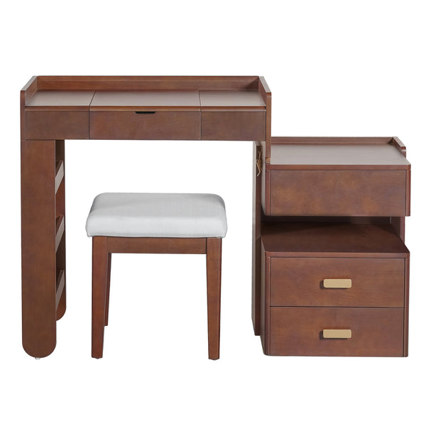 English Elm 3-in-1 Makeup Vanity Desk with Flip Mirror, LED 3-Color Lighting, Expandable Length & Ample Storage Drawers Walnut N844P285298W