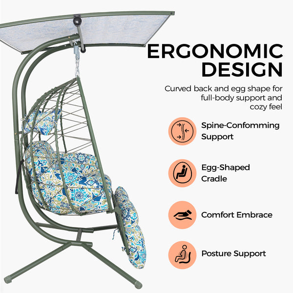 English Elm 2-person Outdoor Wicker Egg Chair Hanging Swing with Canopy Stand and Cushions Dark Green T5880P502255