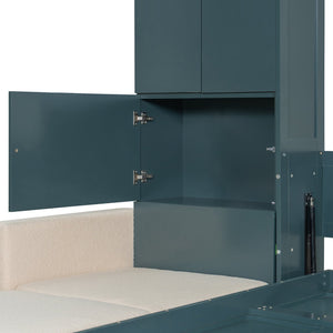 English Elm Queen Murphy Bed with L-shaped Velvet Sofa Storage Cabinets for Studio Living Green LP000765AAA-1