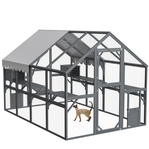 English Elm Extra Large Walk-in Outdoor Cat Enclosure with Oxford Roof Ramps and Dual Resting Huts W1422S00048