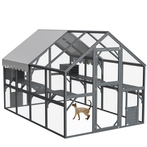 English Elm Extra Large Walk-in Outdoor Cat Enclosure with Oxford Roof Ramps and Dual Resting Huts W1422S00048