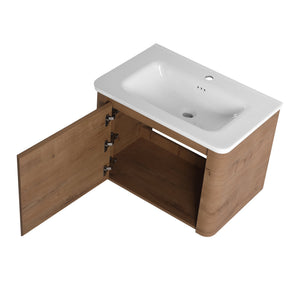 English Elm 28'' Wall-Mounted Bathroom Vanity with Ceramic Sink, Soft-Close Door, Plywood Durability & Space-Saving Design Imitative Oak W999P317929