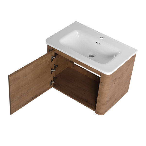 English Elm 28'' Wall-Mounted Bathroom Vanity with Ceramic Sink, Soft-Close Door, Plywood Durability & Space-Saving Design Imitative Oak W999P317929