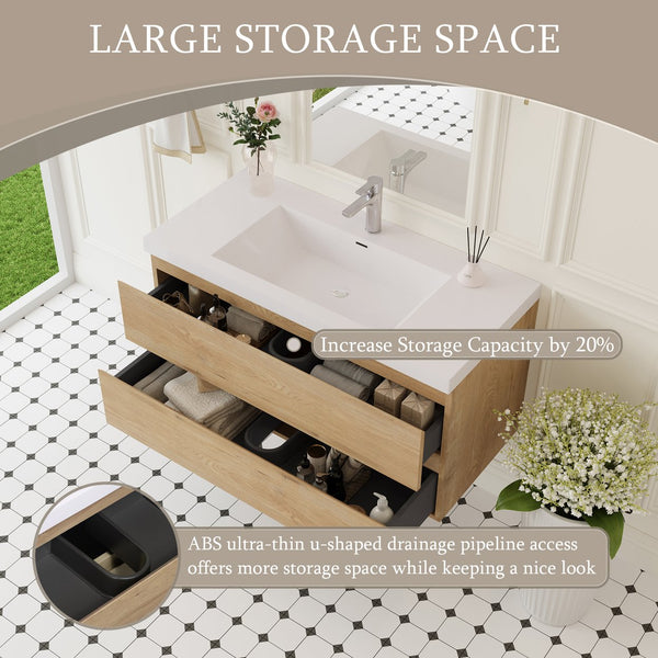 English Elm 42" Floating Bathroom Vanity Wall Mounted Ash Cabinet Soft Close Integrated Basin Oak W1573P152700