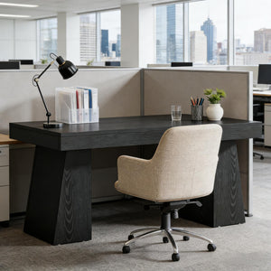 English Elm Writing Desk with Five Drawers Reversible Cabinet Home Office Vanity Workstation Black T3971P452733