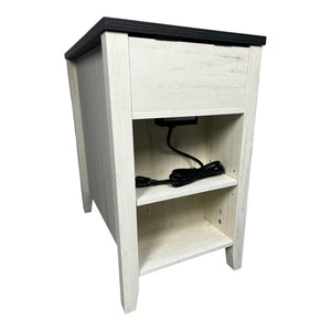 English Elm Farmhouse Nightstand with Charging Station and Barn Door Drawer — USB-C, AC Outlets, Compact Storage White+Black W1412P230408