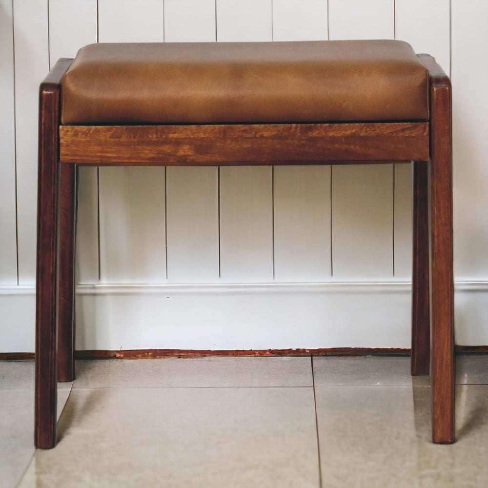 English Elm Solid Wood Buffalo Hallway Footstool - Handcrafted Mango Wood With Genuine Buffalo Hide For Entryway B182P230342-GIGA