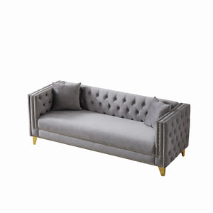 English Elm 80"Chesterfield Velvet Sofa with Tufted Buttons & Nailhead Trim, Deep-Seated 3-Seater, Solid Wood Frame Grey W3373S00027