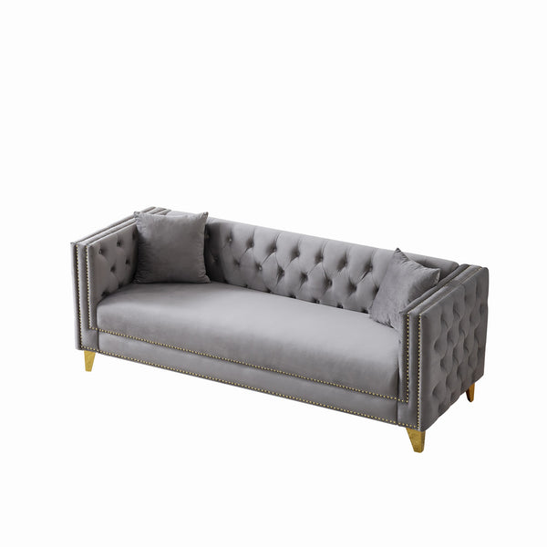 English Elm 80"Chesterfield Velvet Sofa with Tufted Buttons & Nailhead Trim, Deep-Seated 3-Seater, Solid Wood Frame Grey W3373S00027