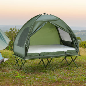 English Elm Outsunny 4-in-1 Elevated Two Person Camping Cot Tent with Air Mattress Outdoor W2225P217035