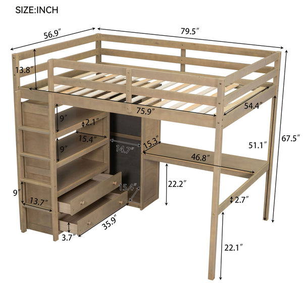 English Elm Wood Full Loft Bed with Integrated Wardrobe Desk Shelving and Drawers for Teen Rooms Walnut GX000466AAD-1