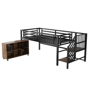 English Elm Twin Metal Loft Bed with Stairs and Six Storage Cubbies, Sturdy Metal Slat Support, Safe Low Design for Kids Black 75.2 L x 17.72 W x 9.45 H W2593P305749