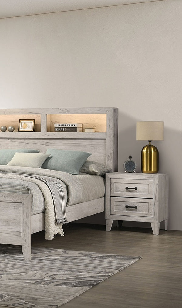 English Elm 3pc Queen Bedroom Set Whitewash Tufted Headboard with Built-in Shelves and Lighting B2741S00223