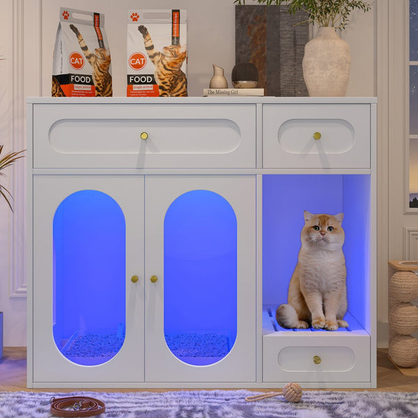 English Elm Cat Litter Box Cabinet with Led Lighting Acrylic Doors and Drawer Storage End Table White N704P402444K