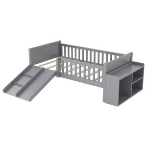 English Elm Twin Low Loft Bed for Kids with Slide Climbing Structure and Movable Bookshelf W2593P457237
