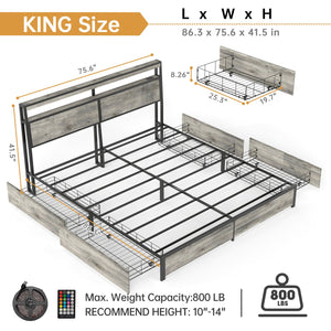 English Elm Queen Metal Platform Bed with Rgb Led Headboard Charging Station and Underbed Storage T3963P482853