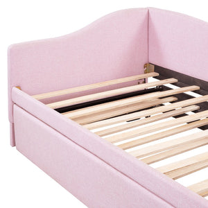 English Elm Twin L-shaped Linen Upholstered Daybed with Hydraulic Pop-up Trundle for Guest Rooms Pink SF000193AAH-1