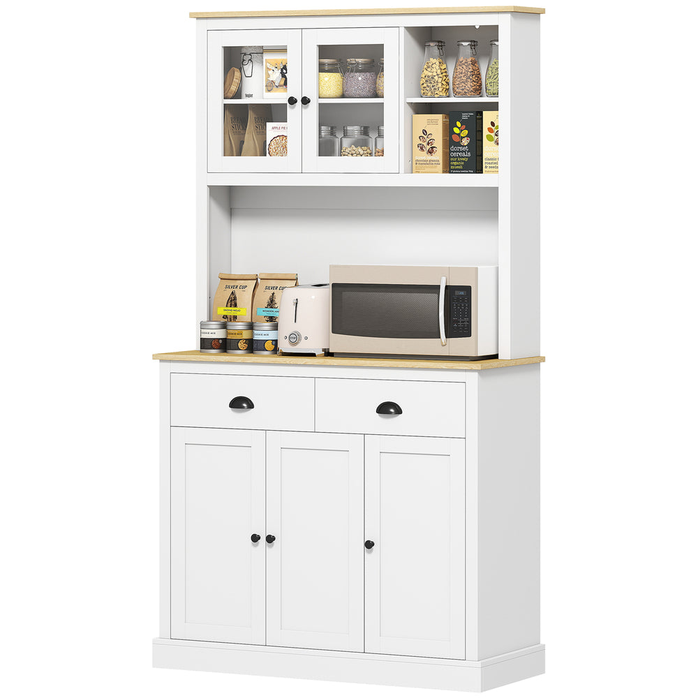 English Elm 71" Freestanding Pantry Cabinet Two-tone Oak and White Finish with Glass Doors T3971P420084