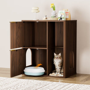 English Elm 31.5-inch Grooved Wood Cat Litter Cabinet with Integrated Tree Mid-century Pet Furniture Walnut W1162P407684