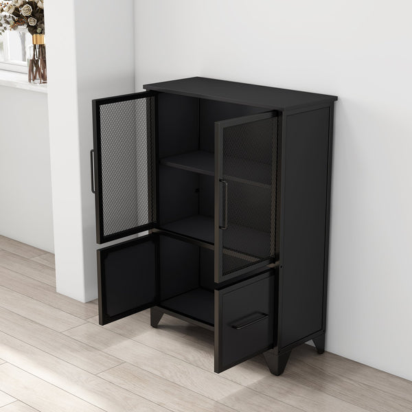 English Elm Storage Cabinet Matte Iron Four Door Sideboard with Adjustable Shelf for Modern Interiors Black W3151P407882