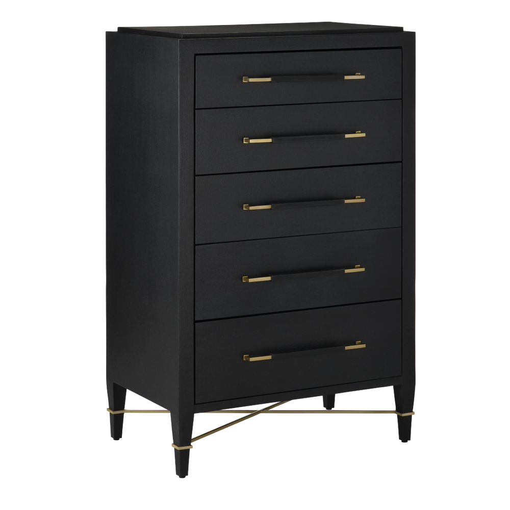 Verona Black Five-Drawer Chest with Champagne Metal Accents - Stylish Lacquered Linen Storage Solution