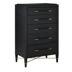 Verona Black Five-Drawer Chest with Champagne Metal Accents - Stylish Lacquered Linen Storage Solution