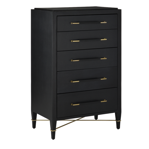Verona Black Five-Drawer Chest with Champagne Metal Accents - Stylish Lacquered Linen Storage Solution